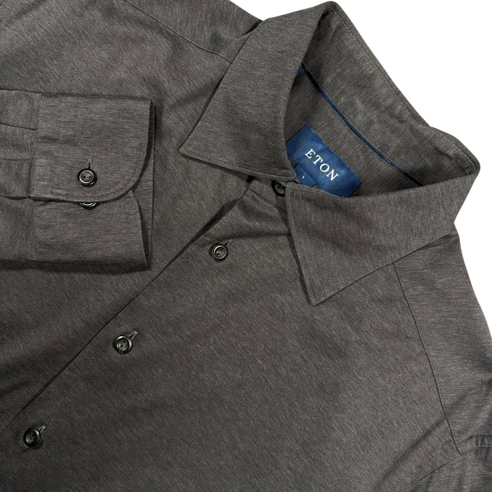 ETON Jersey Button Up Shirt Mens L Gray Solid 100% Cotton Long Sleeve Luxury
